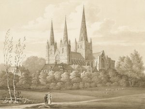 Lichfield Kathedrale - West-Südwest-Ansicht: Sepia-Zeichnung von Robert Noyes