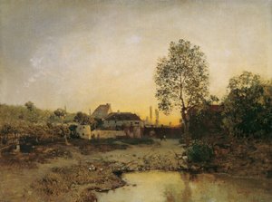 Landschaft mit Weiher und Gehöften