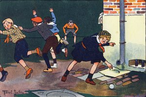 Kugel an der Wand. Gravur in "Was spielen wir?" von E. Weber mit Aquarellzeichnungen von Robert Salles (1871-1929). Librairie Garnier Frères, Paris.