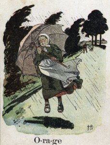 Kinderbuch „Ich werde lesen - Methodisches und lustiges Alphabet von einem Vater“ 1926. Illustration von Robert Salles (1871-1929). „Sturm“: Eine Frau im Regen schützt sich mit ihrem Regenschirm. von Robert Salles