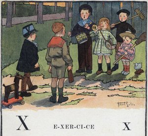 Kinderbuch „Ich werde lesen - Methodisches und lustiges Alphabet von einem Vater“ 1926. Illustration von Robert Salles (1871-1929). Abecedarium: Buchstabe X wie Übung. Kinder spielen Militär.