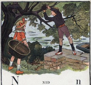Kinderbuch „Ich werde lesen - Methodisches und lustiges Alphabet von einem Vater“ 1926. Illustration von Robert Salles (1871-1929). Abecedarium: Buchstabe N wie Nest. Ein Junge nimmt ein Nest von einem Baum von Robert Salles