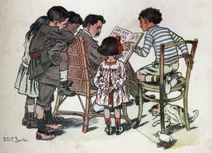 Kinderbuch „Ich werde lesen - Methodisches und lustiges Alphabet von einem Vater“ 1926. Illustration von Robert Salles (1871-1929). Ein Familienvater bringt Kindern das Lesen bei von Robert Salles