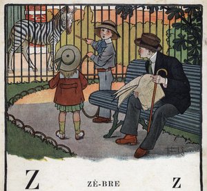 Kinderbuch „Ich werde lesen - Methodisches und lustiges Alphabet von einem Vater“ 1926. Illustration von Robert Salles (1871-1929). Abecedaire: Buchstabe Z wie Zebra. Kinder, mit einem Reifen, schauen sich ein Zebra im Zoo an von Robert Salles