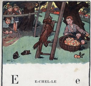 Kinderbuch „Ich werde lesen - Methodisches und lustiges Alphabet von einem Vater“ 1926. Illustration von Robert Salles (1871-1929). Abecedaire: Buchstabe E wie Leiter. Ein Hund klettert auf die Leiter, die an einem Apfelbaum lehnt von Robert Salles