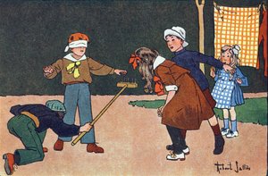 Colin Maillard. Gravur in „Was spielen wir?“ von E. Weber mit Aquarellzeichnungen von Robert Salles (1871-1929). Librairie Garnier Freres, Paris