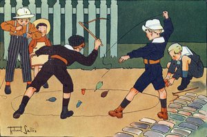 Der Kreisel (Spiel mit Peitsche). Gravur in "Was spielen wir?" von E. Weber mit Aquarellzeichnungen von Robert Salles (1871-1929). Librairie Garnier Freres, Paris