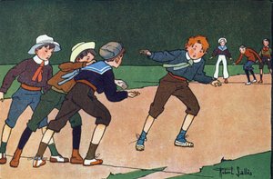 Die Stangen (Mannschaftsspiel, bei dem man unbemerkt ins gegnerische Lager gelangen muss, das durch eine Linie auf dem Boden symbolisiert wird, um Gefangene zu machen). Gravur in „Was spielen wir?“ von E. Weber mit Aquarellzeichnungen von Robert Salles (18
