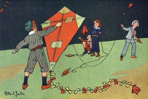 Der fliegende Drachen. Gravur in „Was spielen wir?“ von E. Weber mit Aquarellzeichnungen von Robert Salles (1871-1929). Librairie Garnier Freres, Paris von Robert Salles