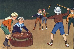 Die Osselets und der Quinet. Gravur in „Was spielen wir?“ von E. Weber mit Aquarellzeichnungen von Robert Salles (1871-1929). Librairie Garnier Freres, Paris