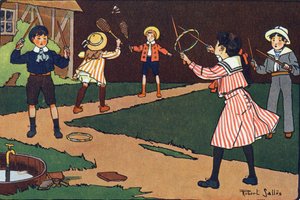Das Lenkrad und die Grazien. Gravur in "Was spielen wir?" von E. Weber mit Aquarellzeichnungen von Robert Salles (1871-1929). Librairie Garnier Freres, Paris