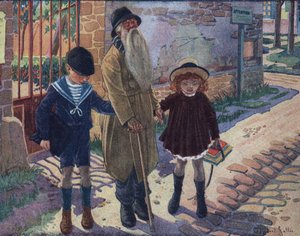 Der Stock des Blinden: Zwei Kinder helfen einem blinden alten Mann beim Gehen. Illustration von Robert Salles (1871-1929) in „Ich kann lesen“.