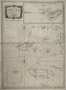 Eine allgemeine Karte der Inseln Guernsey und Jersey, Sark, Herm, Jethou und Alderney, mit Cape la Hague und den Caskets
