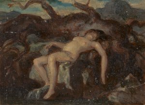 Schlafende Frau nackt in einer bewaldeten Landschaft