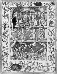 Große Alchemisten inspirieren die Arbeit im Labor aus Theatrum Chemicum Britannicum, 1652