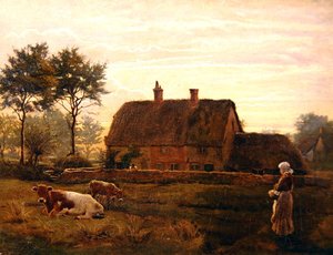 Weidende Rinder bei einem strohgedeckten Häuschen im Sonnenuntergang von Robert Walker Macbeth