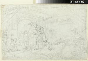 Schmieden der Goldjungfrau, Skizze für die Kalevala-Serie; Studie der Figur von Ilmarinen auf der Vorderseite (doppelseitiges Werk)