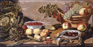 Schalen mit Kirschen und Brombeeren, ein Korb mit Trauben, Äpfeln und roten Johannisbeeren, ein Kohl, Artischocken, Zitronen, Gurken, Nüsse, anderes Obst, tote Schnepfen und Drosseln auf einem Tisch