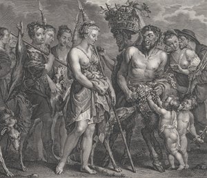 Diana kehrt von der Jagd zurück, begleitet von Hunden und ihren Nymphen links, zwei Satyrn, ca. 1808 von Robert de Launay