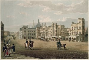Ansicht des House of Lords und Commons, vom Old Palace Yard aus, veröffentlicht 1821 von Colnaghi und Co.