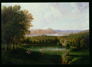 Blick von Tarrytown auf den Hudson River, Old Dutch Church und Beckham Manor, 1866 von Robert the Younger Havell