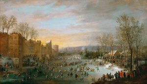 Schlittschuhlaufen im Stadtgraben von Brüssel von Robert van den Hoecke