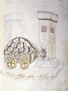Kunst des Krieges: Studie über militärische Maschinen. Eine Maschine, die mit einem Panzer eine Turm angreift, Illustration aus 