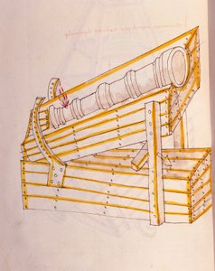 Kunst des Krieges: Studie über militärische Maschinen. Kanonenstellung mit einem Hebesystem, Illustration aus 