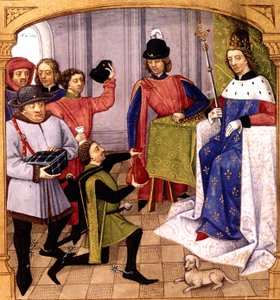 Französischer König Philipp V. (1293-1322) erhält Steuern, Illustration von Robinet Testard aus "Grandes chroniques de France" 1471