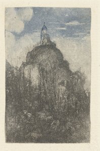 Gebäude auf einem Felsen und ruhende Hirten mit Schafen am Fuß des Felsens von Rodolphe Bresdin