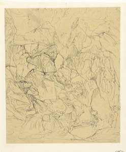 Kahle Felslandschaft, im Vordergrund links ein Wasserfall von Rodolphe Bresdin