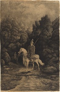Orientalischer Reiter in einer trostlosen Berglandschaft von Rodolphe Bresdin
