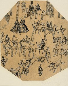 Blatt mit Skizzen: Hunde, Reiter, Damen. Architektonische Elemente, Insekten von Rodolphe Bresdin