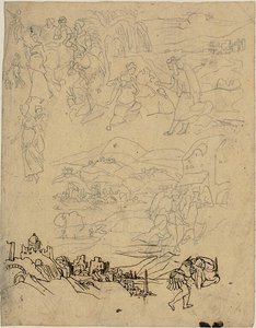 Skizzen biblischer Szenen, Stadt am See, Bergdorf, Krieger von Rodolphe Bresdin