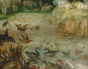 Der Teich. Tiere trinken, Enten schwimmen, ein Einhorn im Hintergrund von Roelandt Jacobsz. Savery
