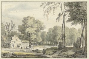 Landschaft mit einem Reisewagen vor einem Bauernhof