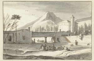 Gebirgige, italienische Landschaft mit einer Rotundenkirche von Roelant Roghman