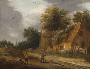 Drei Figuren, die an einer Straße vor einem Cottage vorbeigehen