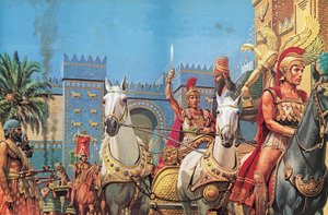 Alexander der Große, in seinem Triumphwagen nach Babylon getragen