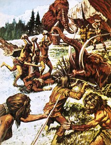 Prähistorische Menschen greifen Mammuts an von Roger Payne