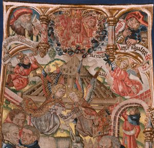 Flämischer Wandteppich. Triptychon der Geburt Christi
