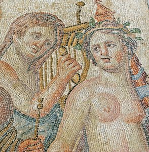 Ein Zentaur bezaubert eine Mänade, Detail aus dem Triumphzug des Dionysos, Haus des Aion, Paphos, Zypern (Mosaik) von Roman