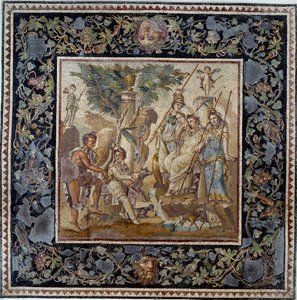 Kunst des antiken Rom: Das Urteil des Paris (Mosaik aus dem Haus des Atriums in Antiochia, 2. Jahrhundert n. Chr.)