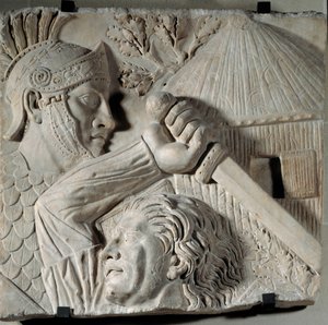 Kunst des antiken Rom: Barbar kämpft gegen einen römischen Legionär. Flachrelief, Anfang des 2. Jahrhunderts nach Christus. Rom, Trajansforum. Paris, Musée du Louvre von Roman