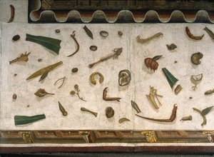 „Asarotos“ (Boden ungesäubert) Fragmente eines Mosaiks, signiert von Harakliton aus Rom, 2. Jahrhundert n. Chr., Rom