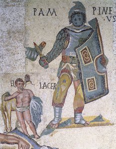 Kampf zwischen Gladiatoren, Detail eines Gladiators mit Dolch und Schild, 320 n. Chr. (Mosaik) von Roman