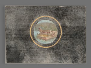 Schwarzgrundiges Fresko-Fragment mit Landschaft im Tondo, 50-79 n. Chr. von Roman