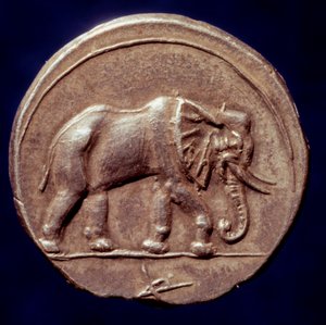 Karthagische Zivilisation: Medaille, die einen Elefanten darstellt, der es dem karthagischen General Hannibal ermöglichte, die Alpen zu überqueren