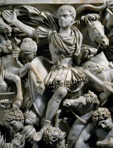 Reiterporträt von Hostilianus, Sohn von Kaiser Decius, zusammen mit seinen Wachen zu Pferd, Detail vom Großen Ludovisi-Sarkophag mit Relief, das die Schlacht zwischen Römern und Ostgoten darstellt, ca. 260, Römische Zivilisation, 3. Jahrhundert