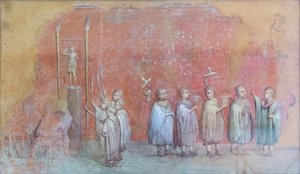 Freskofragment eines Kalenders, das Kinder in einer Prozession darstellt, möglicherweise die Feierlichkeiten zum Geburtstag von Kaiser Severus und die Darstellung des Monats April, drittes Jahrhundert n. Chr. von Roman